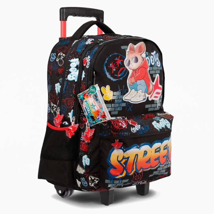 Mochila Escolar Footy 2026 Street Style Negra con Carro 18" Art.F26441